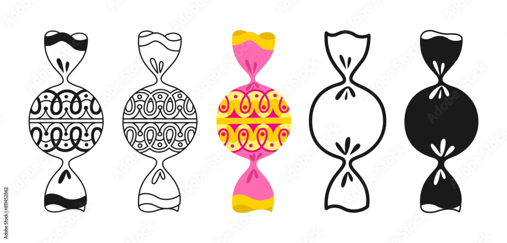 Candy with ornament wrapped sign set. Sweets bonbon round lollipop chocolate, caramel candies flat silhouette, icon linear design. Simple symbol tasty dessert childish food. Wrapped yummy candy vector Candy with ornament wrapped sign set. Sweets bonbon round lollipop chocolate, caramel candies flat silhouette, icon linear design. Simple symbol tasty dessert childish food. Wrapped yummy candy vector