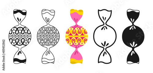 Candy with ornament wrapped sign set. Sweets bonbon round lollipop chocolate, caramel candies flat silhouette, icon linear design. Simple symbol tasty dessert childish food. Wrapped yummy candy vector