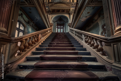 A theater s elegant staircase with a velvet pathway to a richly decorated balcony area.