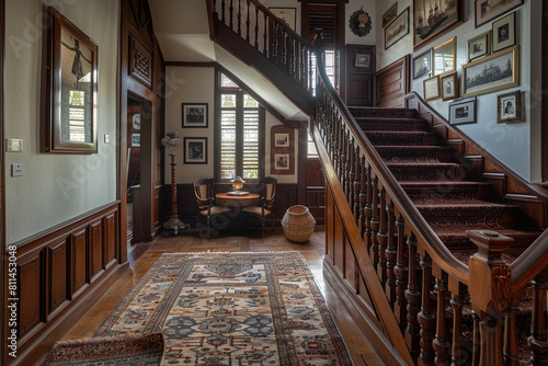 A traditional wooden staircase in an old colonial home adorned with vintage rugs and photos.