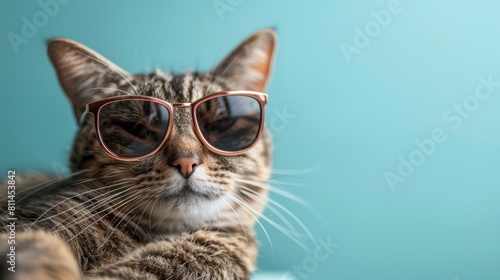 A mischievous tabby cat sporting sunglasses, lounging on a green pastel background