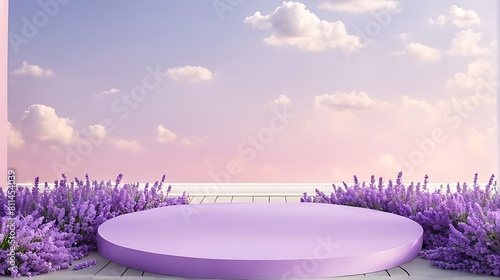  Lavender podium flower background purple product nature platform stand summer 3d table. Cosmetic podium lilac abstract field studio beauty flower spring lavender floral display plant backdrop crystal © Five Million Stocks