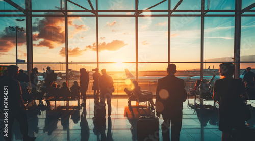 Passengers waiting in the departure hall of the international airport. Vacation or business trip