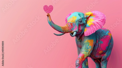 Vibrant wildlife photography, Colorful elephant holding heart shape against pink background. Perfect nature wallpaper for animal lovers. photo