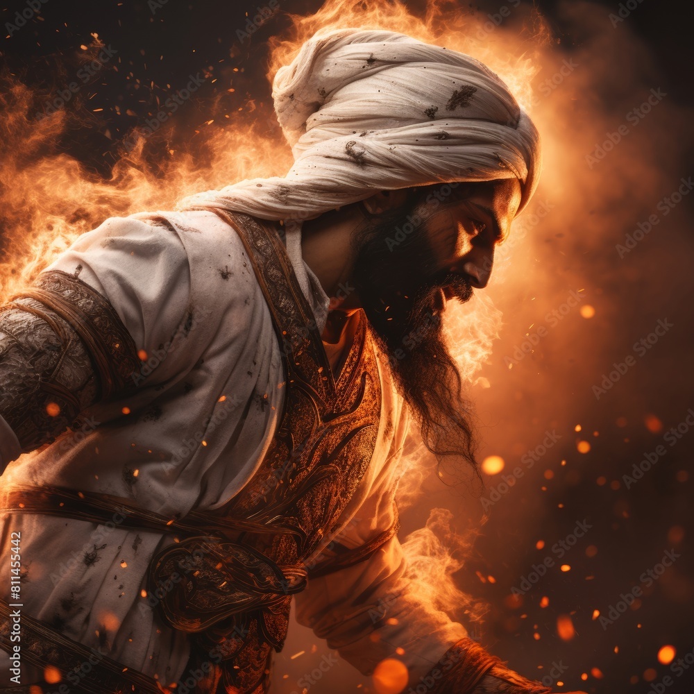 hindu warrior , white dress, hindu style saffron turban fight pose ,war theme background