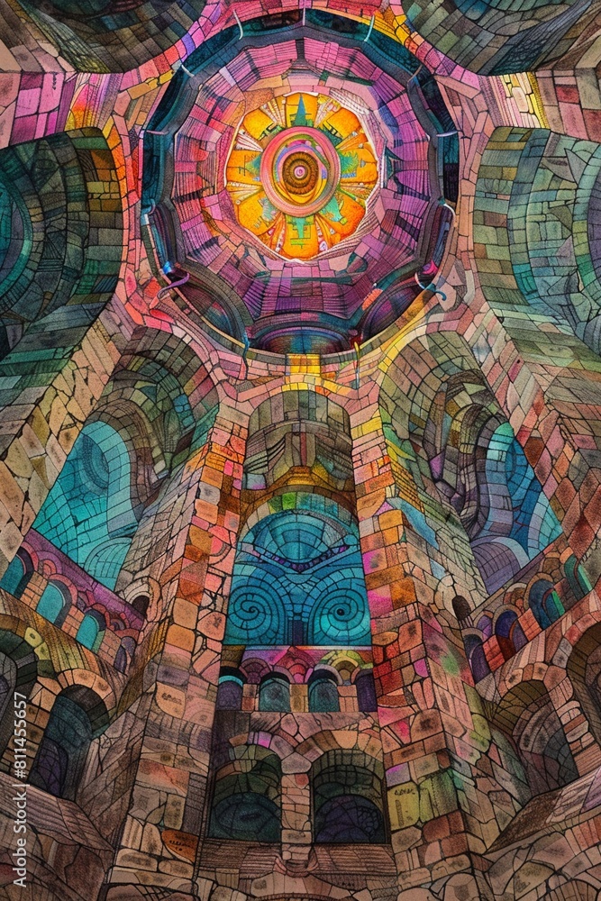 Prophetic kaleidoscope set in a citadel's ancient tower, twilight, eye-level shot, mystical journey through colors, watercolor, hand drawing