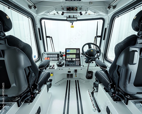 Detailed interior shot of a backhoe loader cabin, focused on the control panel and operator's seat, stark white isolation
