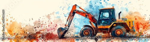 Backhoe loader in a pop art style, featuring bold colors and repetitive patterns, striking against a white setting photo
