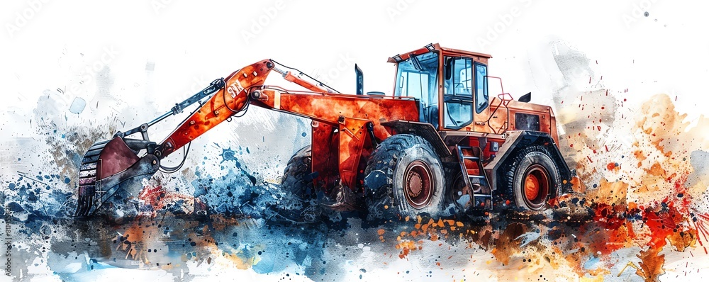 Watercolor style backhoe loader, soft brush strokes and gentle hues contrasting sharply with a crisp white canvas Watercolor style backhoe loader, soft brush strokes and gentle hues contrasting sharply with a crisp white canvas