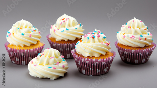 Delicious vanilla cupcakes with cream cheese and sugar candy on a gray background. Generative Ai