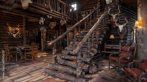 Log staircase in a rustic hunter's cabin adorned with taxidermy and wooden furniture.