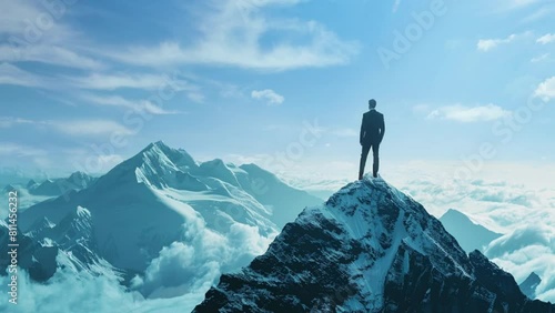 Businessman standing on top of the mountain photo