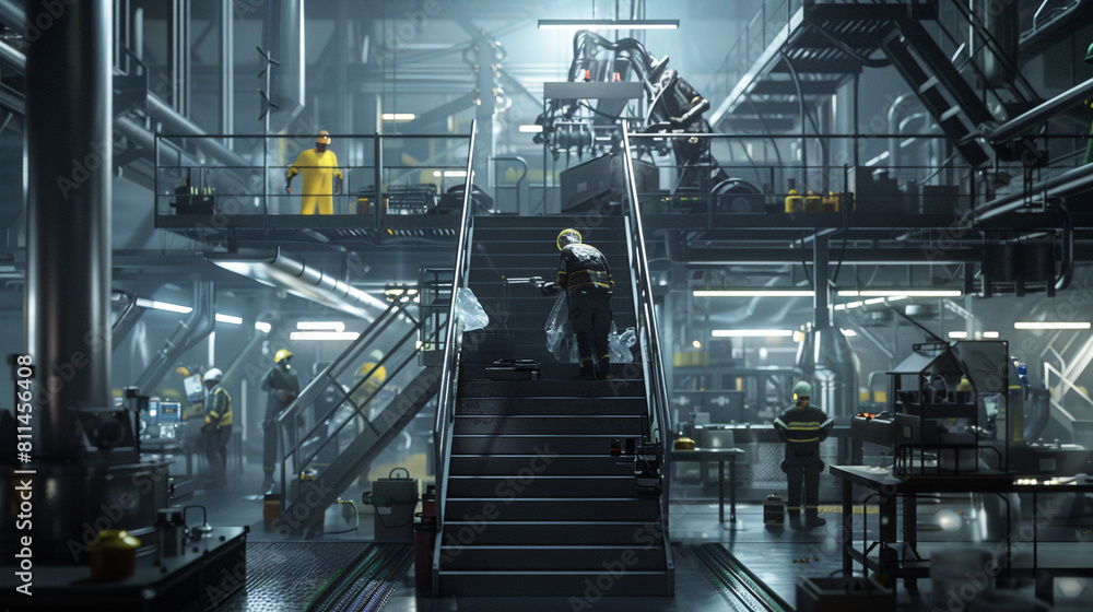 Industrial stairway in a workshop with busy machines and safety-dressed workers. Industrial stairway in a workshop with busy machines and safety-dressed workers.