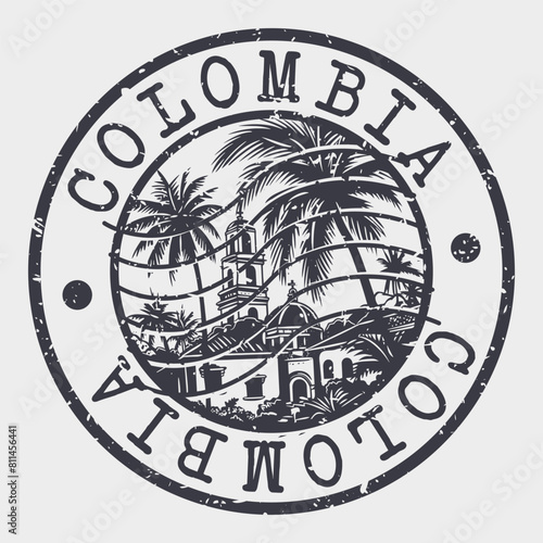 Colombia, Stamp Postal. Silhouette Seal. Passport Round Design. Vector Icon. Design Retro Travel. National Symbol.	
