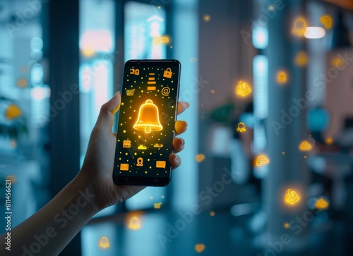 Hand holding a smartphone with a digital glowing yellow bell icon and message icons floating above on a blurred office background, depicting an online communication concept.