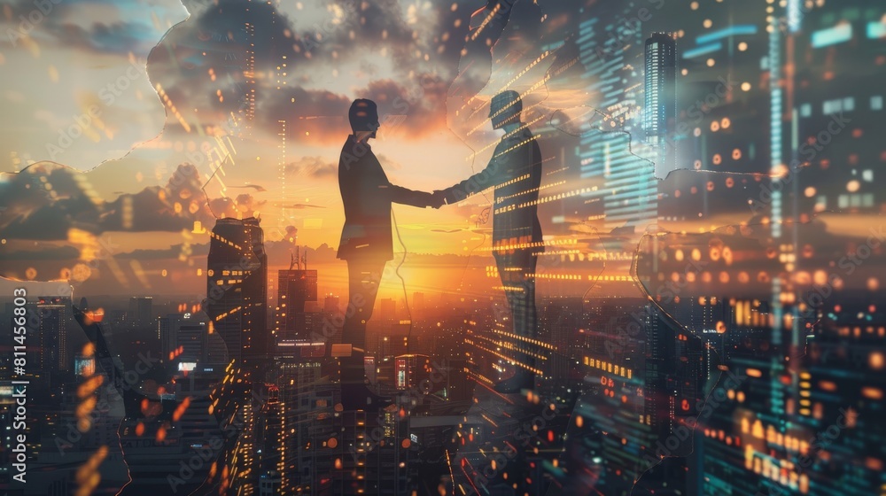 Handshake between two business people with digital graphs and figures standing behind them, against the backdrop of an urban skyline at sunset.