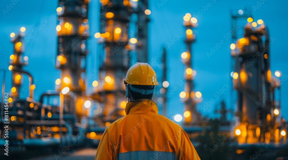 Worker overlooking a large industrial chemical oil refinery plant. Pollution and ecology concept