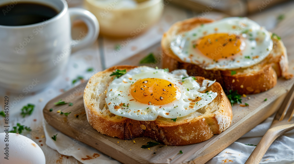 bread slice with half fried egg and cup of coffee, simple health breakfast concept 