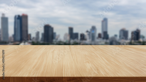 The empty wooden table top with blur background of cityscape. Generative Ai