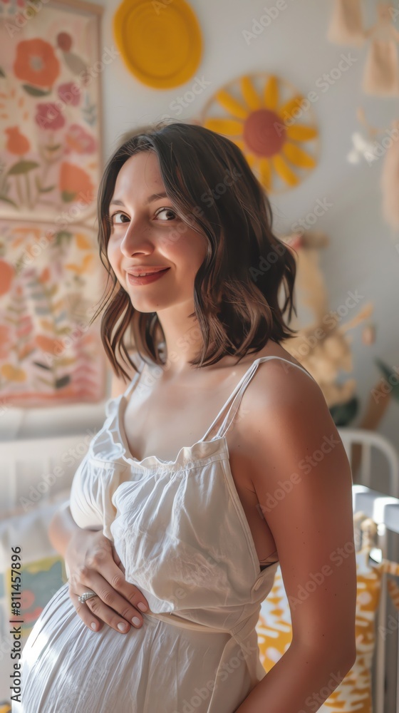 Portrait of a beautiful pregnant woman with long brown hair and a serene smile wearing a white dress and standing in a sunny room with a colorful floral backdrop.