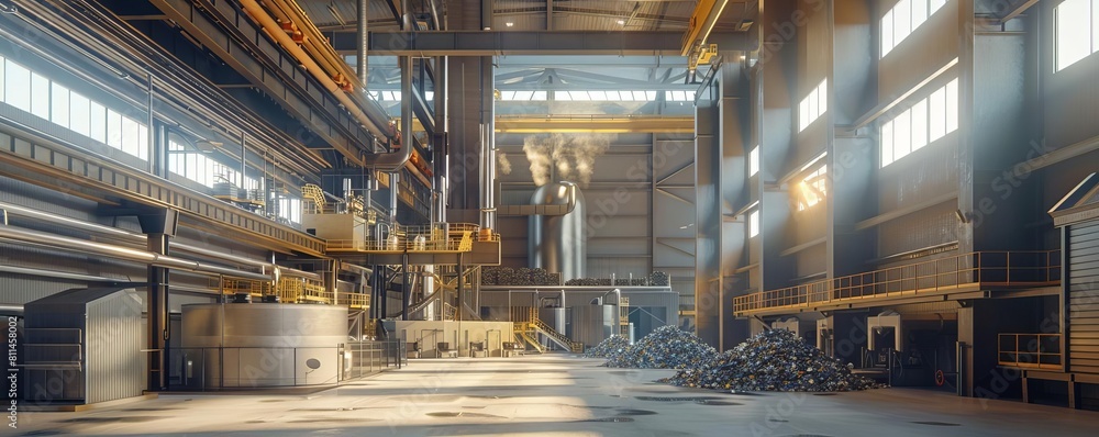 Create a realistic 3D rendering of a wastetoenergy plant, showcasing its architecture and machinery in action, providing an immersive look into the process of converting waste into energy