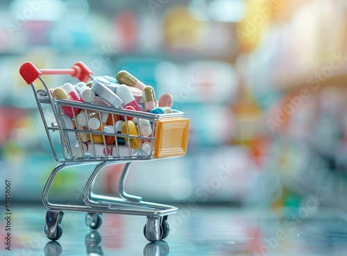 Shopping cart full of pills and medical supplies on a blurred pharmacy background, concept of community health care or looking for aligned items in the store