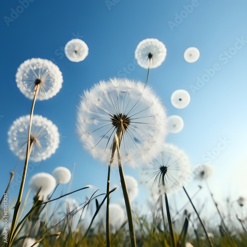 There are many white dandelions in the air with a sky - generated by ai