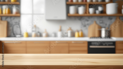 Wood table top on blurred kitchen background. can be used mock up for montage products.Generative Ai