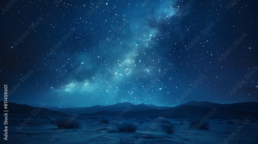 Starry night sky over the desert, with stars and constellations illuminating the vast expanse of open space. The dark blue tones create an atmosphere that is both awe-inspiring and tranquil. Starry night sky over the desert, with stars and constellations illuminating the vast expanse of open space. The dark blue tones create an atmosphere that is both awe-inspiring and tranquil.