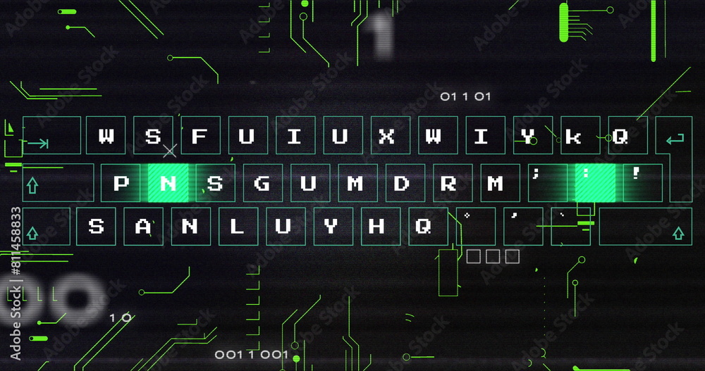 Image of abstract pattern moving on keyboard, glitch technique, binary codes and circuit board Image of abstract pattern moving on keyboard, glitch technique, binary codes and circuit board