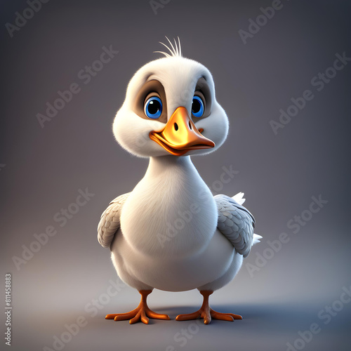  A 3D animated cartoon render of a smiling cartoon Cute Cartoon White Goose Character 3D Rendered a white background.