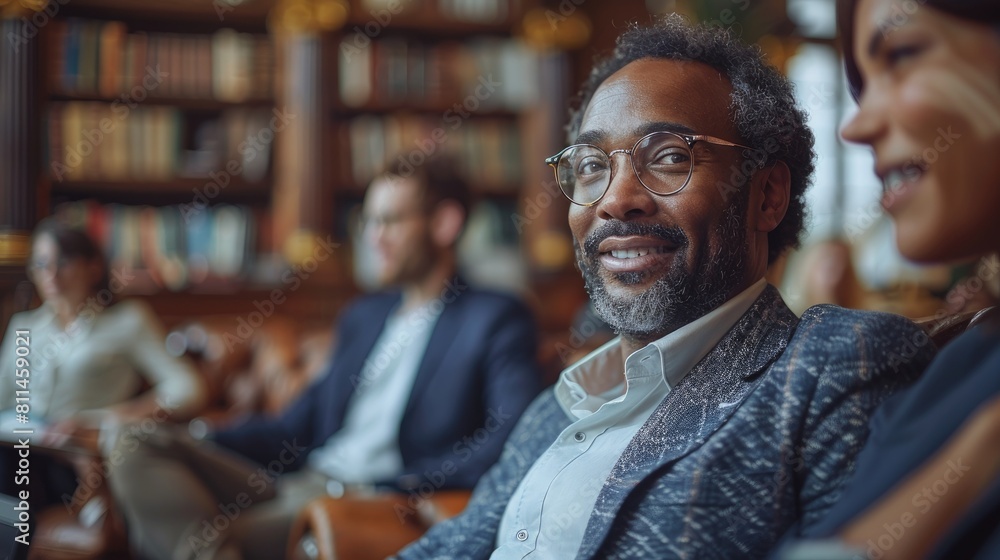 A group of diverse business professionals having a meeting in a library. A group of diverse business professionals having a meeting in a library.