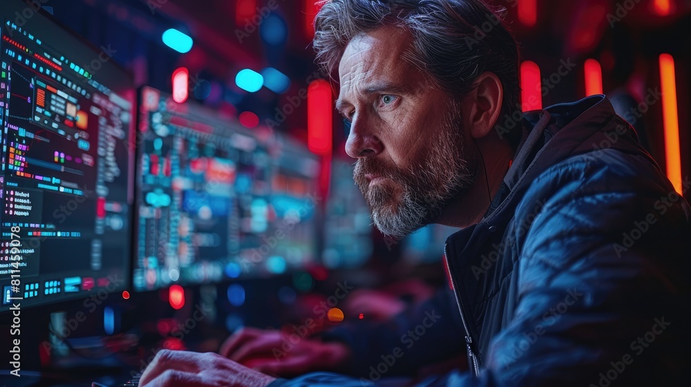 A malevolent hacker in a black hoodie hunched over a computer terminal in a dimly lit room. A malevolent hacker in a black hoodie hunched over a computer terminal in a dimly lit room.