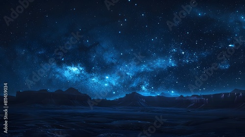 Starry night sky over the desert  with stars and constellations illuminating the vast expanse of open space. The dark blue tones create an atmosphere that is both awe-inspiring and tranquil.