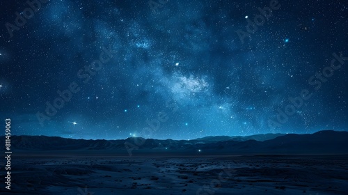 Starry night sky over the desert, with stars and constellations illuminating the vast expanse of open space. The dark blue tones create an atmosphere that is both awe-inspiring and tranquil.