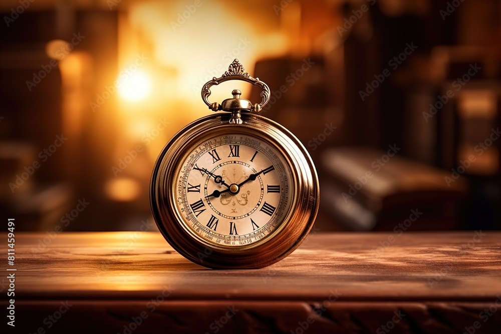 Antique Clock Gracing Old Table, a Testament to Time's Passage Antique Clock Gracing Old Table, a Testament to Time's Passage