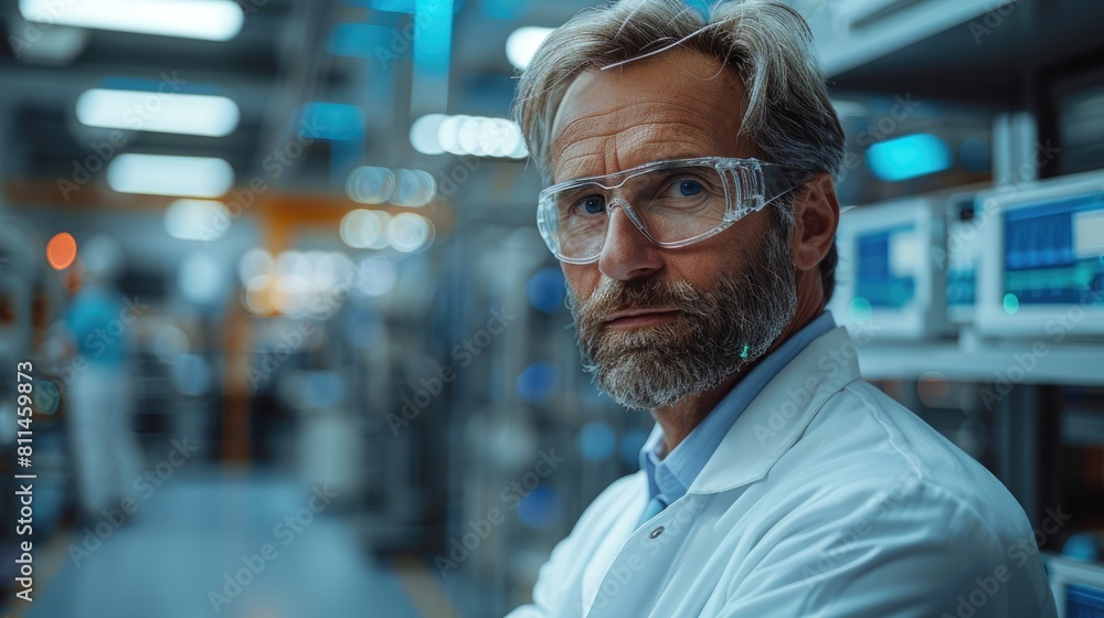 Portrait of a middle-aged male scientist wearing a lab coat and safety glasses, looking at the camera with a serious expression. Portrait of a middle-aged male scientist wearing a lab coat and safety glasses, looking at the camera with a serious expression.