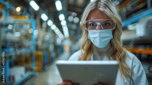 Portrait of a confident female worker wearing a mask and safety glasses while using a digital tablet in a modern factory.