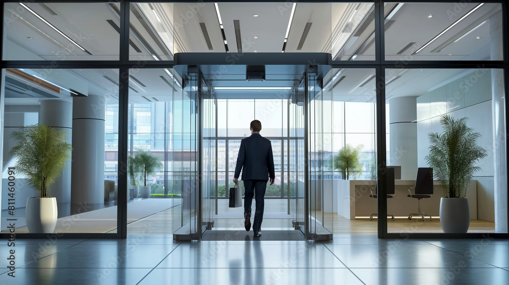 businessman walking through glass door in modern office 