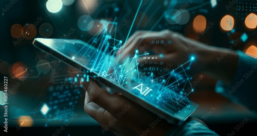 Businessman holding tablet with digital hologram of an artificial intelligence network and text Businessman holding tablet with digital hologram of an artificial intelligence network and text