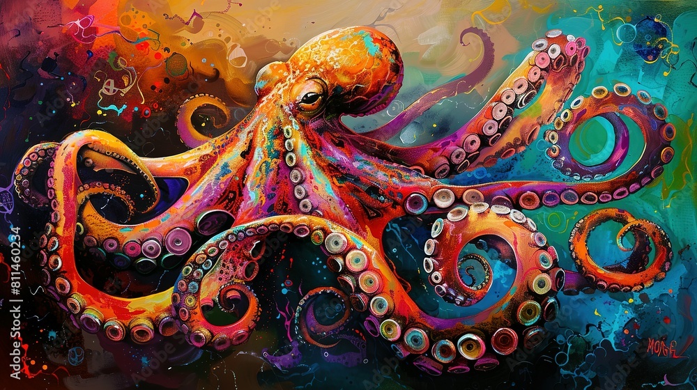 Fototapeta premium Witness the Dazzling Beauty of an Octopus, Its Many Tentacles a Kaleidoscope of Colors, as It Swims Through a Vibrant Underwater Realm