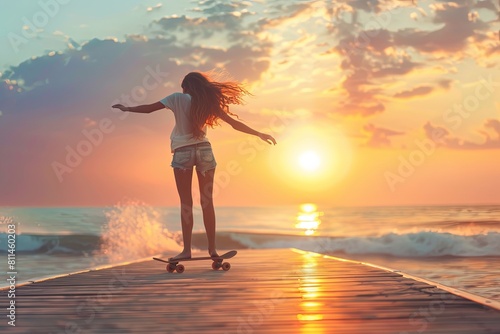A woman confidently rides a skateboard on top of a wooden pier on a sunny day. Generative AI © Azhorov