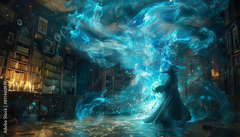 Obraz premium A fantasy scene where a wizard casts a discombobulation spell, causing everything in the room to levitate and swirl