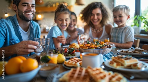 A family enjoying a brunch feast of waffles with various toppings  gathered around a table filled with laughter