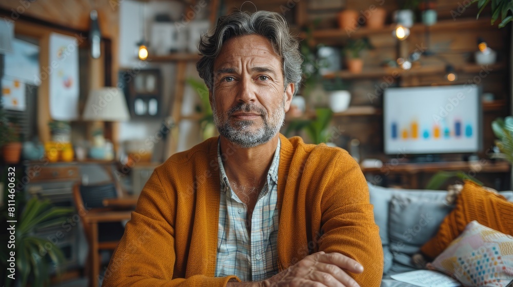 A man in his 40s with a beard and gray hair wearing a casual outfit is sitting in a home office looking at the camera with a serious expression. A man in his 40s with a beard and gray hair wearing a casual outfit is sitting in a home office looking at the camera with a serious expression.