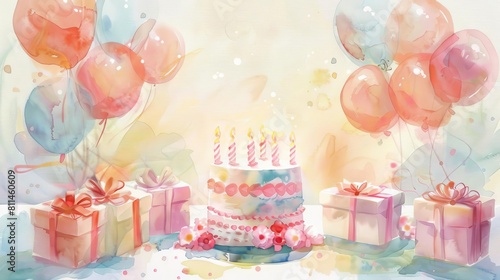 Fototapeta Naklejka Na Ścianę i Meble -  Paint a charming watercolor illustration of a birthday scene, such as a cake surrounded by presents and balloons Use soft, blended colors and delicate brushstrokes to achieve a whimsical and dreamy ef