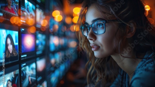 A young woman wearing glasses looks at a video wall.