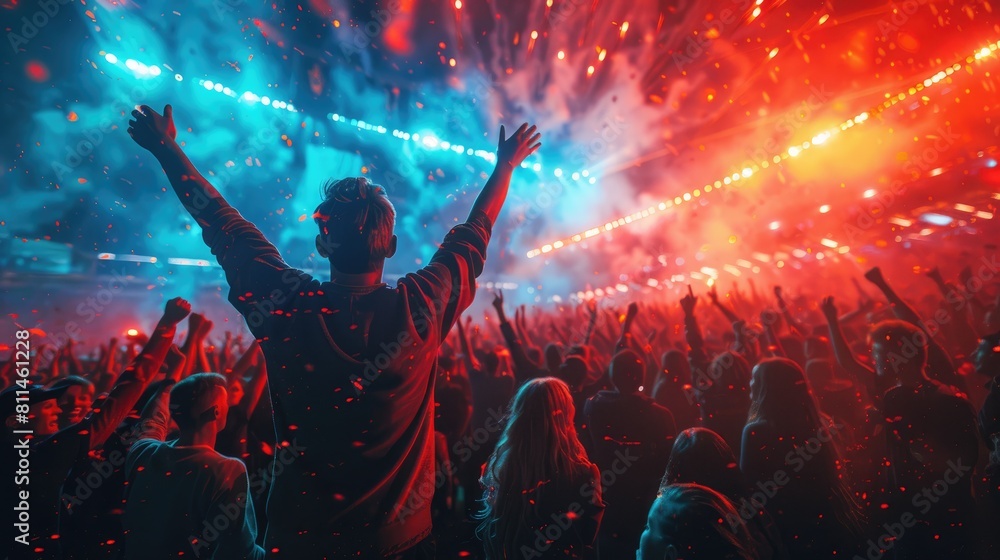 Crowd of people at a concert or festival with their hands raised in the air.