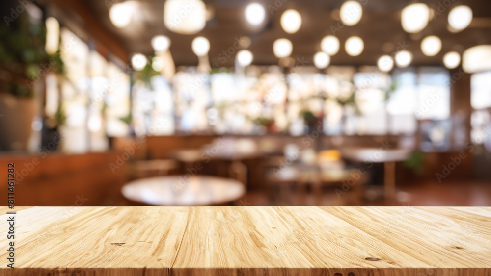 empty wooden table top and blur of room on a blur bright cafe decoration background . Generative Ai empty wooden table top and blur of room on a blur bright cafe decoration background . Generative Ai