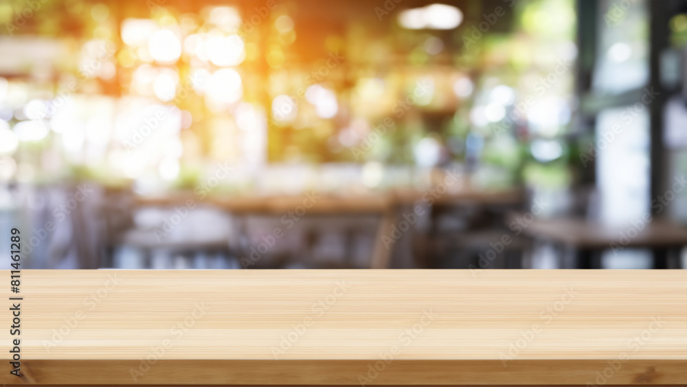 empty wooden table top and blur of room on a blur bright cafe decoration background . Generative Ai